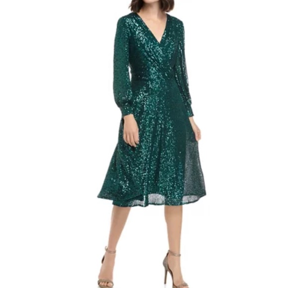 Tahari ALS Stretch Allover Silver Sequin Faux Wrap Midi Dress Size 2 - Picture 11 of 11